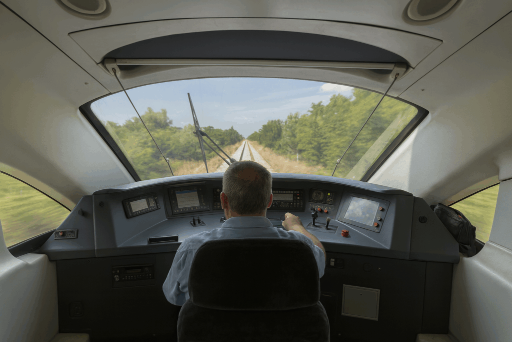 Ein Lokführer sitzt im Führerstand eines modernen Hochgeschwindigkeitszugs und blickt durch ein breites Frontfenster auf die Gleise vor ihm.